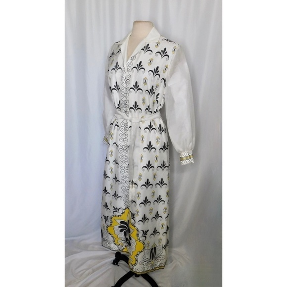 Vintage ALFRED SHAHEEN Fleur De Lis Shift Dress Buttons Midi Maxi Medium - Picture 5 of 13